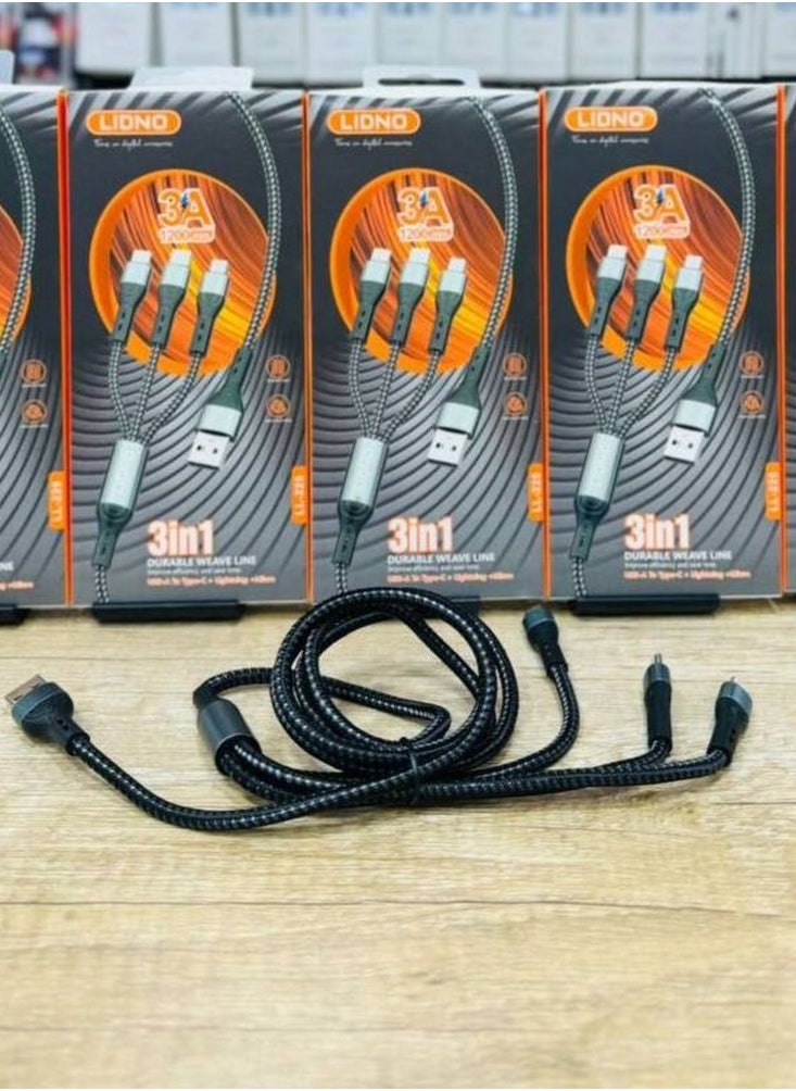 Lindo 3 in 1 Fast Charging 3A Cable For Micro + Lightning + Type-C  - Image 2