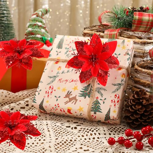 Kisflower 24PCS Poinsettia Artificial Flowers Red Christmas Flower Decorations with Clips and Stems Glitter Christmas Tree Ornaments for Xmas New Year Wedding Party Red - Image 3