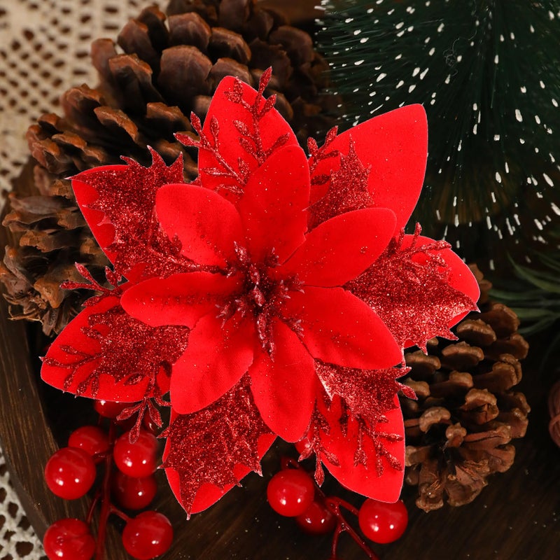 Kisflower 24PCS Poinsettia Artificial Flowers Red Christmas Flower Decorations with Clips and Stems Glitter Christmas Tree Ornaments for Xmas New Year Wedding Party Red - Image 2