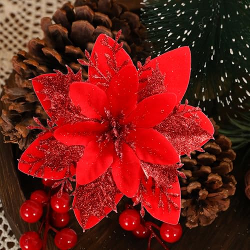 Kisflower 24PCS Poinsettia Artificial Flowers Red Christmas Flower Decorations with Clips and Stems Glitter Christmas Tree Ornaments for Xmas New Year Wedding Party Red - Image 1