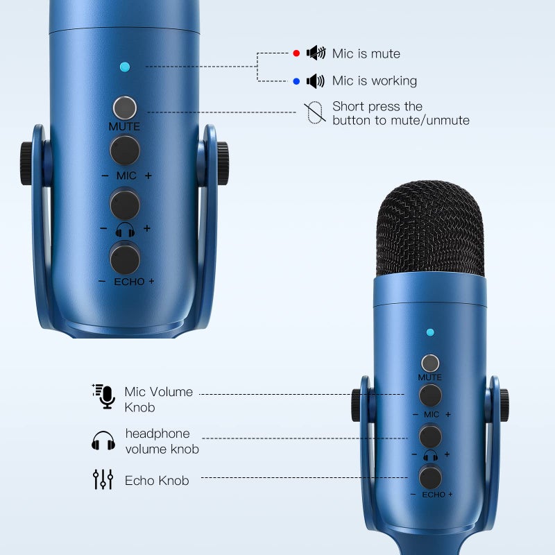 ZealSound ميكروفون USB من ZealSound، ميكروفون مكثف للألعاب للهاتف/الكمبيوتر المحمول/الكمبيوتر/PS4/5/كمبيوتر، ميكروفون مع زر ضبط الصوت، كتم LED، ضبط مستوى الصوت، قاعدة للستريمينغ، البودكاست، تسجيل الاستوديو (أزرق) - Image 5