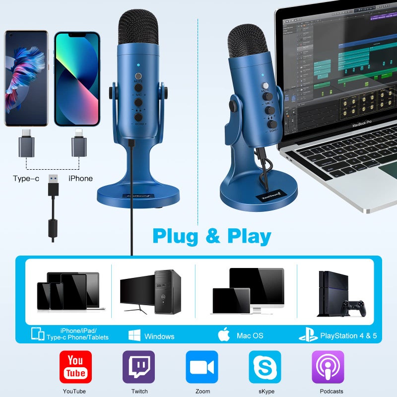 ZealSound ميكروفون USB من ZealSound، ميكروفون مكثف للألعاب للهاتف/الكمبيوتر المحمول/الكمبيوتر/PS4/5/كمبيوتر، ميكروفون مع زر ضبط الصوت، كتم LED، ضبط مستوى الصوت، قاعدة للستريمينغ، البودكاست، تسجيل الاستوديو (أزرق) - Image 2