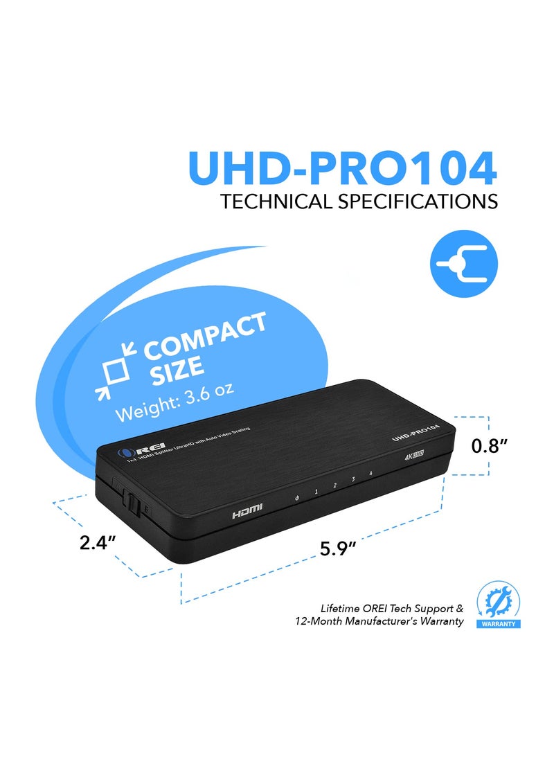 OREI OREI 4K HDMI Splitter 1 in 4 out Duplicate / Mirror 4K Screens w/ Down Scaler 4 Ports Upto 4K@60Hz 1080p & 3D Supports EDID Control, UHD-PRO104  - Image 5