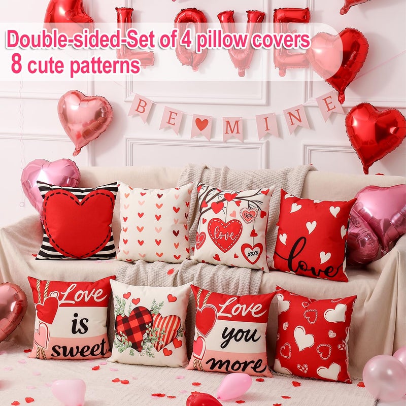 multiwins Valentine Decorations Set of 4 Double-Sided Valentine's Day Throw Pillow Covers 18" x 18", Reversible 8 Designs, with 16 pcs Heart & Love Balloons, Stickers, Complete Valentines Decor Kit - Image 4