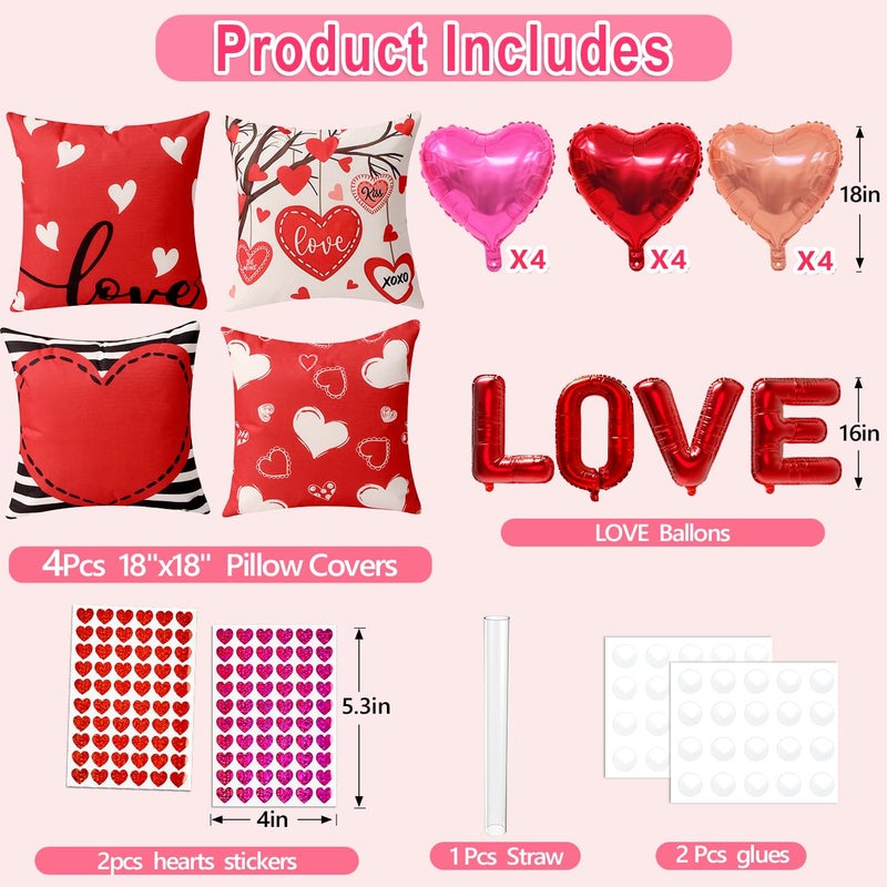 multiwins Valentine Decorations Set of 4 Double-Sided Valentine's Day Throw Pillow Covers 18" x 18", Reversible 8 Designs, with 16 pcs Heart & Love Balloons, Stickers, Complete Valentines Decor Kit - Image 2