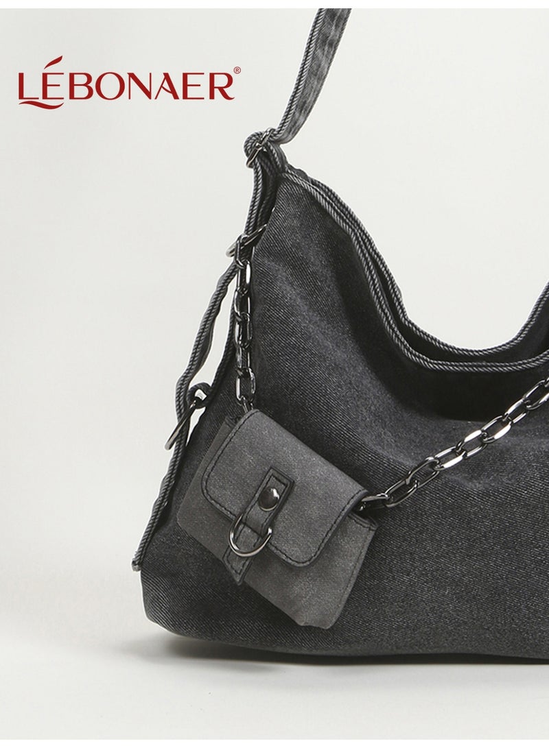 lebonaer Denim Handbag Large Capacityshoulder bag for ladies LÉBONAER Women's Denim Shoulder Bag with Detachable Chain Strap & Pouch - Large Vintage Crossbody Bag for Daily Use  - Image 5