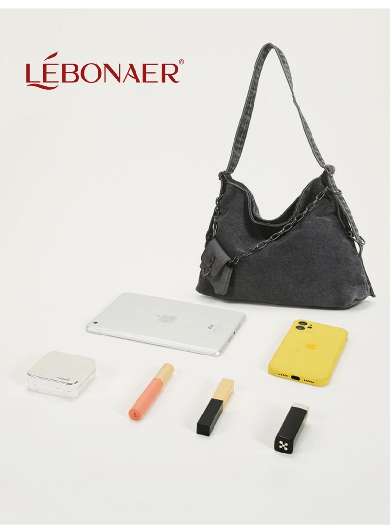 lebonaer Denim Handbag Large Capacityshoulder bag for ladies LÉBONAER Women's Denim Shoulder Bag with Detachable Chain Strap & Pouch - Large Vintage Crossbody Bag for Daily Use  - Image 4