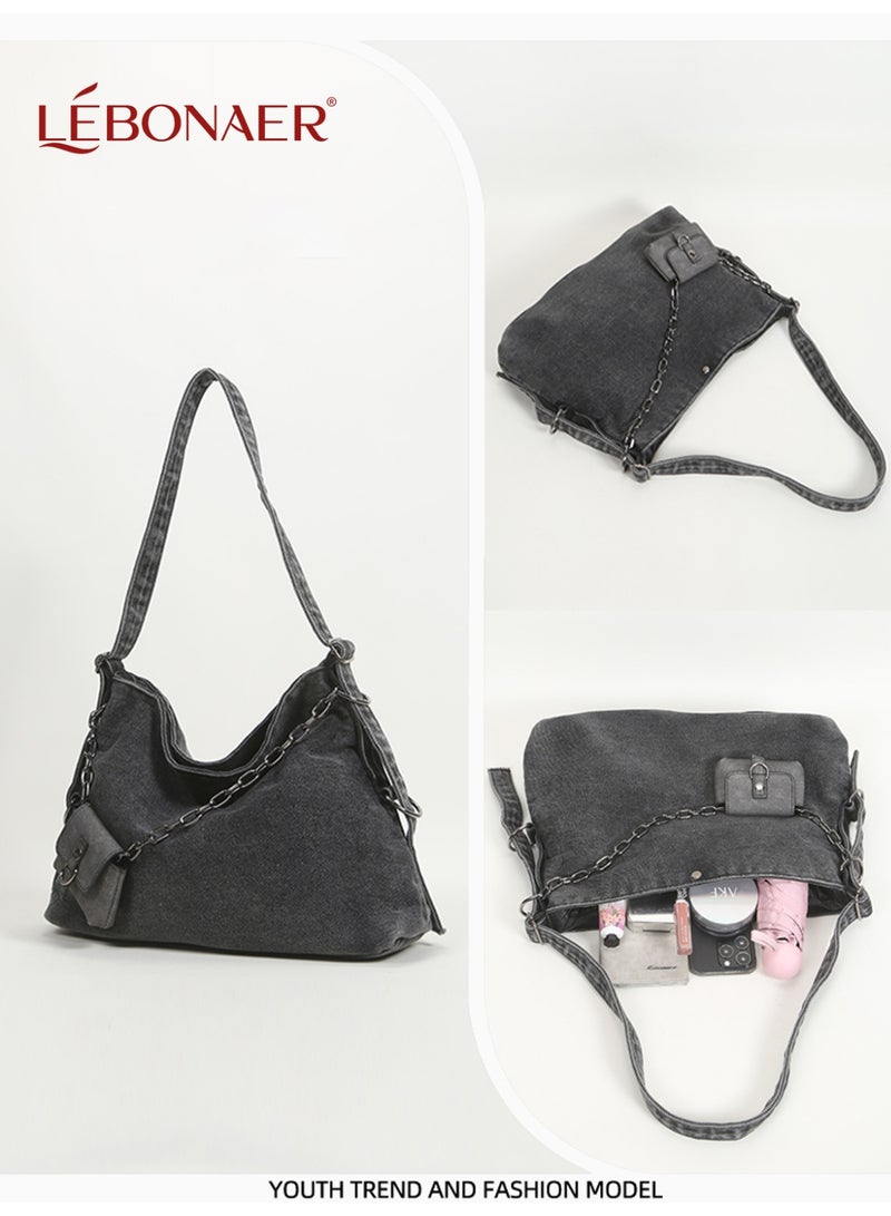 lebonaer Denim Handbag Large Capacityshoulder bag for ladies LÉBONAER Women's Denim Shoulder Bag with Detachable Chain Strap & Pouch - Large Vintage Crossbody Bag for Daily Use  - Image 3