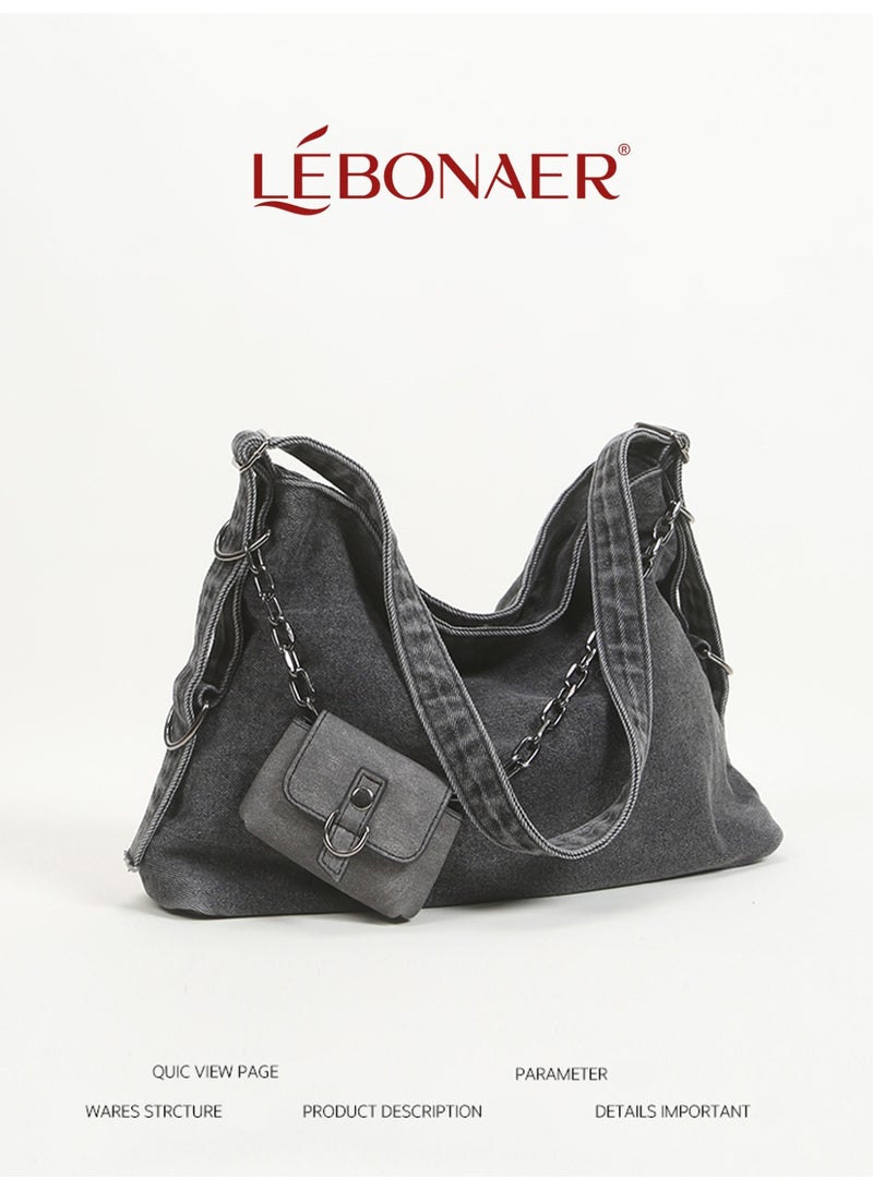 lebonaer Denim Handbag Large Capacityshoulder bag for ladies LÉBONAER Women's Denim Shoulder Bag with Detachable Chain Strap & Pouch - Large Vintage Crossbody Bag for Daily Use  - Image 1