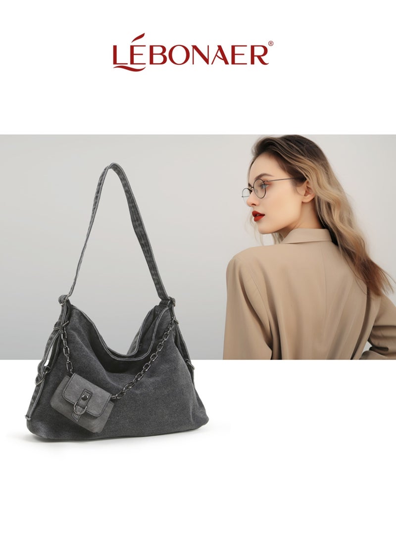 lebonaer Denim Handbag Large Capacityshoulder bag for ladies LÉBONAER Women's Denim Shoulder Bag with Detachable Chain Strap & Pouch - Large Vintage Crossbody Bag for Daily Use  - Image 2