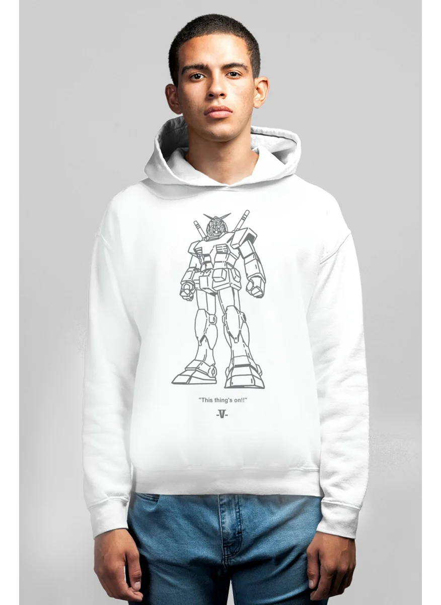 Rock&Roll Robotic White Hooded Front and Back Printed Men's Sweatshirt