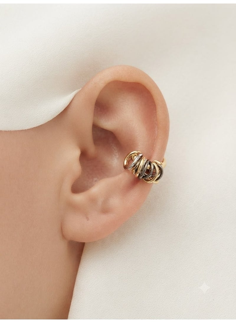 Gold-Plated Textured Interlinked Rings Ear Cuff