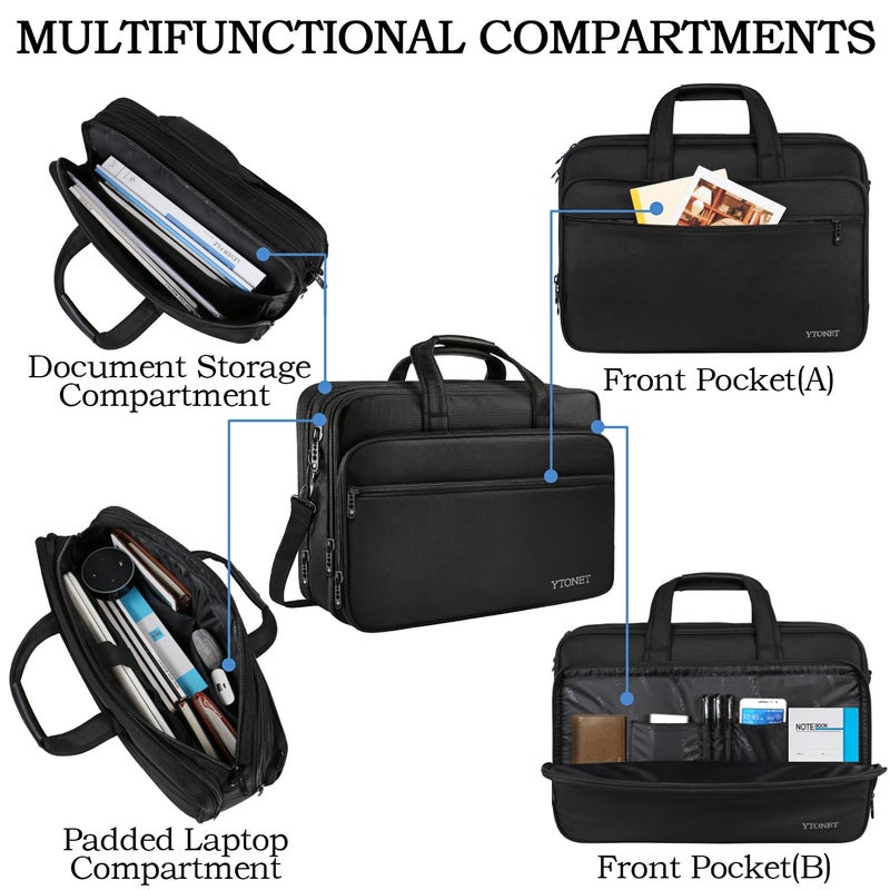 Ytonet Laptop Briefcases for Men, 17 Inch Expandable Briefcase Computer Bags for Laptop for Men, Water Resistant Multi Compartments Men's Work Bag with Luggage Strap for Bussiness Travel, Black - Image 2