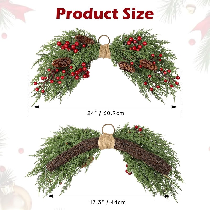 Arborus 2PCS Artificial Christmas Swags with Cypress Pine, Red Berries and Pinecones, 24" Christmas Thanksgiving Decorations for Front Door, Mantel, Stair Railing, Window, Xmas Décor - Image 3
