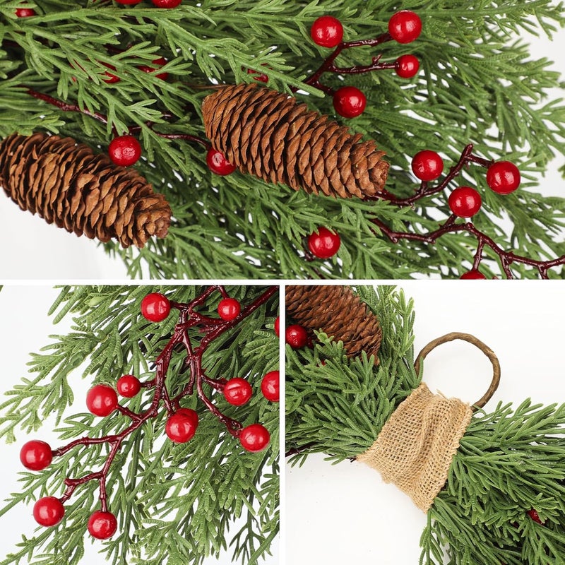 Arborus 2PCS Artificial Christmas Swags with Cypress Pine, Red Berries and Pinecones, 24" Christmas Thanksgiving Decorations for Front Door, Mantel, Stair Railing, Window, Xmas Décor - Image 2