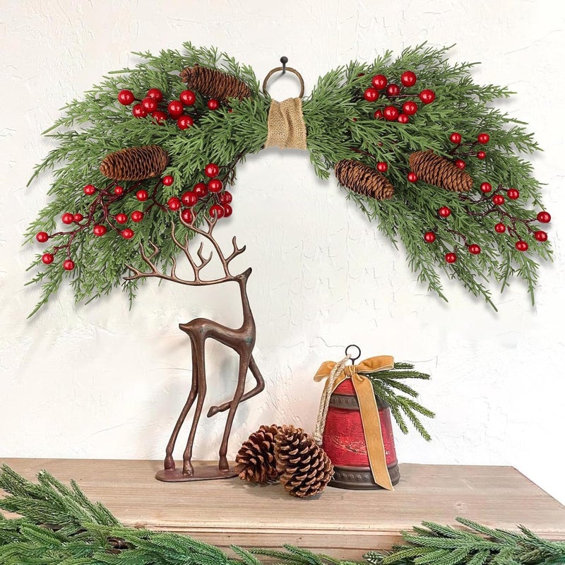 Arborus 2PCS Artificial Christmas Swags with Cypress Pine, Red Berries and Pinecones, 24" Christmas Thanksgiving Decorations for Front Door, Mantel, Stair Railing, Window, Xmas Décor - Image 5