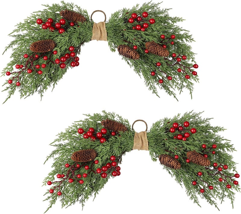 Arborus 2PCS Artificial Christmas Swags with Cypress Pine, Red Berries and Pinecones, 24" Christmas Thanksgiving Decorations for Front Door, Mantel, Stair Railing, Window, Xmas Décor - Image 1