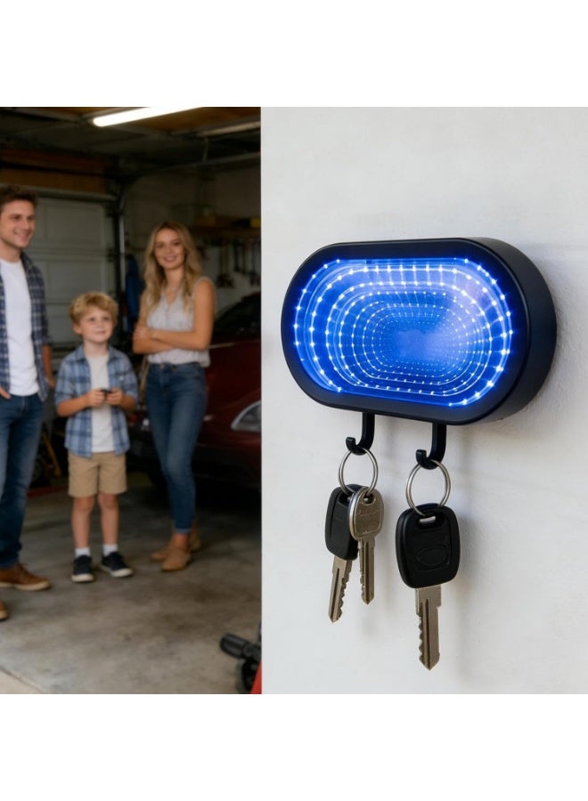 حامل مفاتيح للسيارة والمرآب، مرآة زخرفية بتأثير اللانهاية وخطاف مزود بإضاءة LED - حامل مفاتيح قابل لإعادة الشحن | للرجال والأطفال ومحبي السيارات، للمنزل والمكتب، للتعليق على الحائط - Image 2