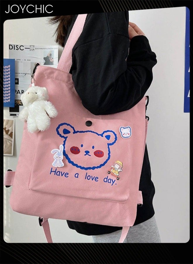 Joychic Lovely Bear Printed Canvas Bag Large Capacity Casual Student Backpack Multifunction Tote Bag with Cartoon Pendant Pink - Image 1