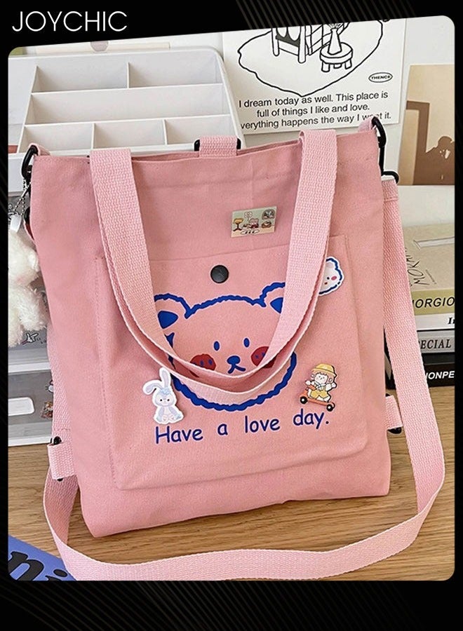 Joychic Lovely Bear Printed Canvas Bag Large Capacity Casual Student Backpack Multifunction Tote Bag with Cartoon Pendant Pink - Image 2