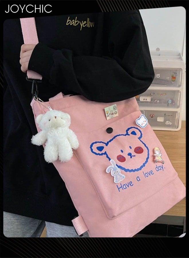 Joychic Lovely Bear Printed Canvas Bag Large Capacity Casual Student Backpack Multifunction Tote Bag with Cartoon Pendant Pink - Image 3