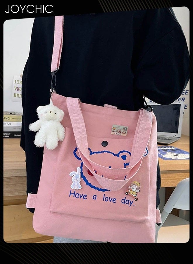 Joychic Lovely Bear Printed Canvas Bag Large Capacity Casual Student Backpack Multifunction Tote Bag with Cartoon Pendant Pink - Image 4