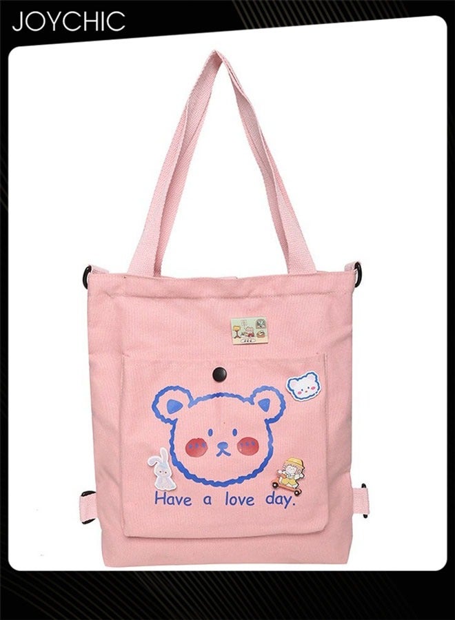 Joychic Lovely Bear Printed Canvas Bag Large Capacity Casual Student Backpack Multifunction Tote Bag with Cartoon Pendant Pink - Image 5