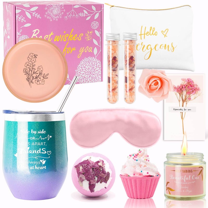 Larierour Birthday Gifts for WomenBest Relaxing Spa Gift Box Basket for Wife Mom Sister Girlfriend Daughter Best Friend MotherHappy Birthday Gifts for Women Unique Wine Tumbler Spa Bath Set Rose Gold - Image 1