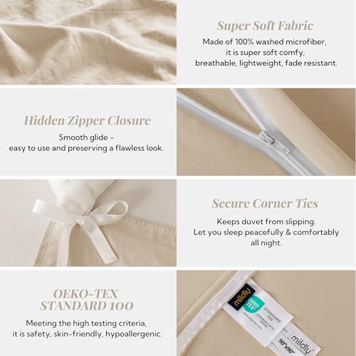 MILDLY Super Soft Duvet Cover - 100% Washed Microfiber Light Khaki Comforter Cover Set 3 Pieces with Zipper Closure & Corner Ties (No Comforter) - Image 5