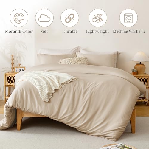 MILDLY Super Soft Duvet Cover - 100% Washed Microfiber Light Khaki Comforter Cover Set 3 Pieces with Zipper Closure & Corner Ties (No Comforter) - Image 2