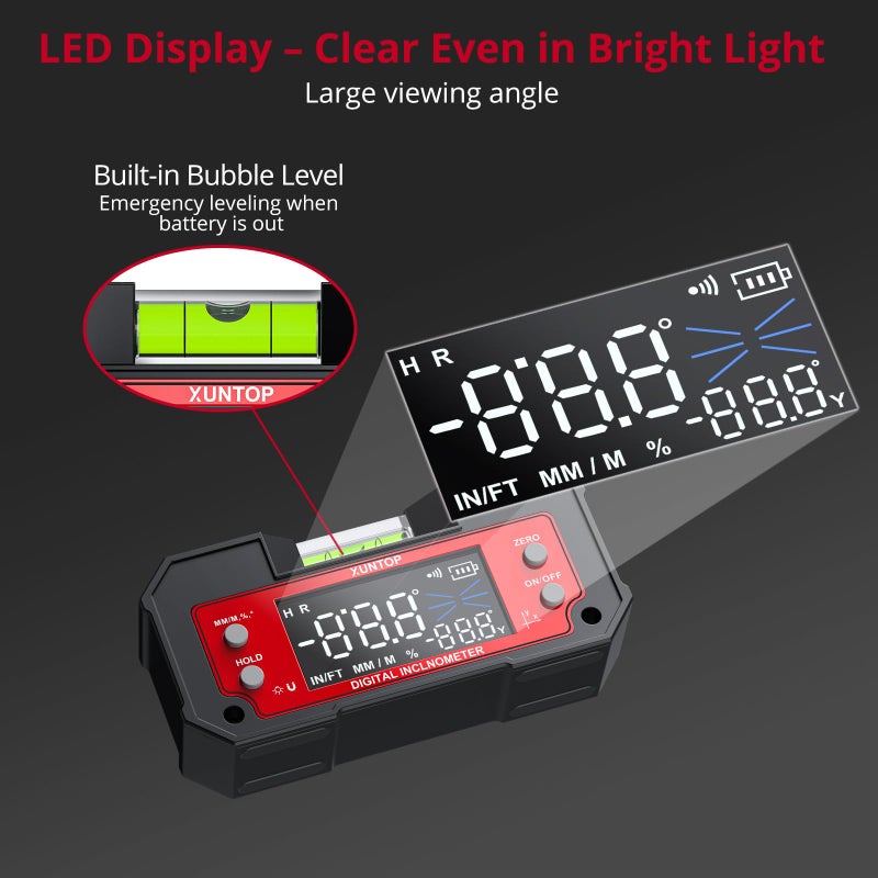 XUNTOP Digital Angle Finder Tool Dual Axis X-axis of 4Ã—90Â° and Y-axis of Â±60Â° Powerful Magnetic Base Level Box Type-C Rechargeable Digital Inclinometer with LED Display for Woodworking Table Saw - Image 3