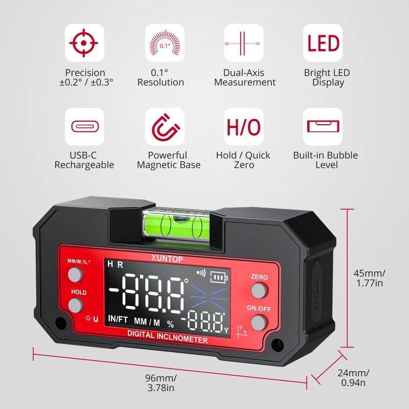 XUNTOP Digital Angle Finder Tool Dual Axis X-axis of 4Ã—90Â° and Y-axis of Â±60Â° Powerful Magnetic Base Level Box Type-C Rechargeable Digital Inclinometer with LED Display for Woodworking Table Saw - Image 2