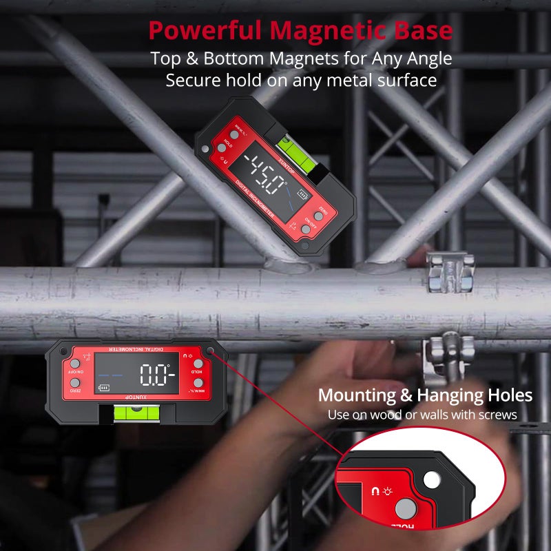 XUNTOP Digital Angle Finder Tool Dual Axis X-axis of 4Ã—90Â° and Y-axis of Â±60Â° Powerful Magnetic Base Level Box Type-C Rechargeable Digital Inclinometer with LED Display for Woodworking Table Saw - Image 5