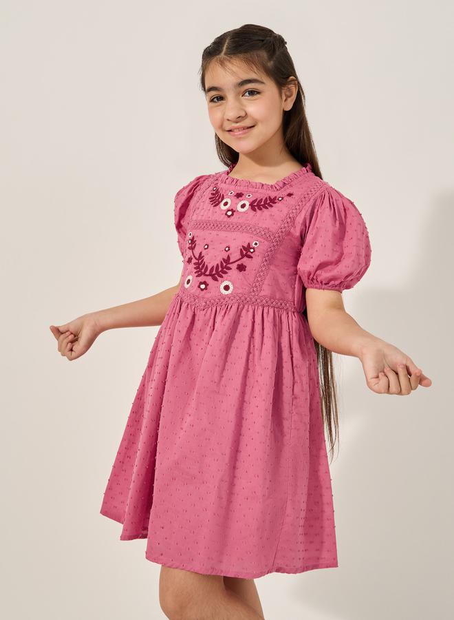 Styli Embroidered Square Neck Lace Puff Sleeve Dress  - Image 1