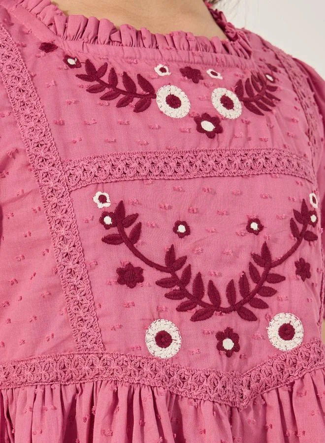 Styli Embroidered Square Neck Lace Puff Sleeve Dress