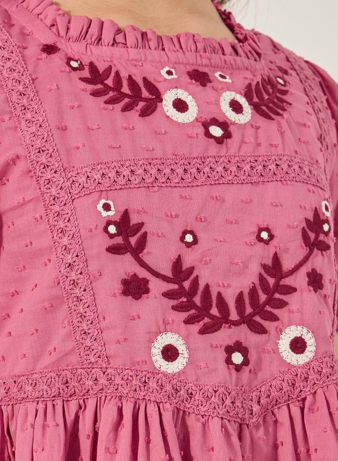 Styli Embroidered Square Neck Lace Puff Sleeve Dress  - Image 3
