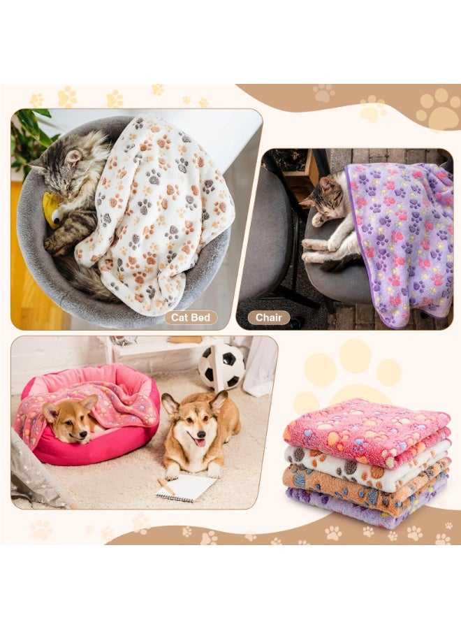 4 Pcs Paw Print Pet Blanket Warm Soft Sleep Mat for Small Medium Dogs Cats Guinea Pig Cage Liners, White Coffee Pink Purple, Small - Image 2