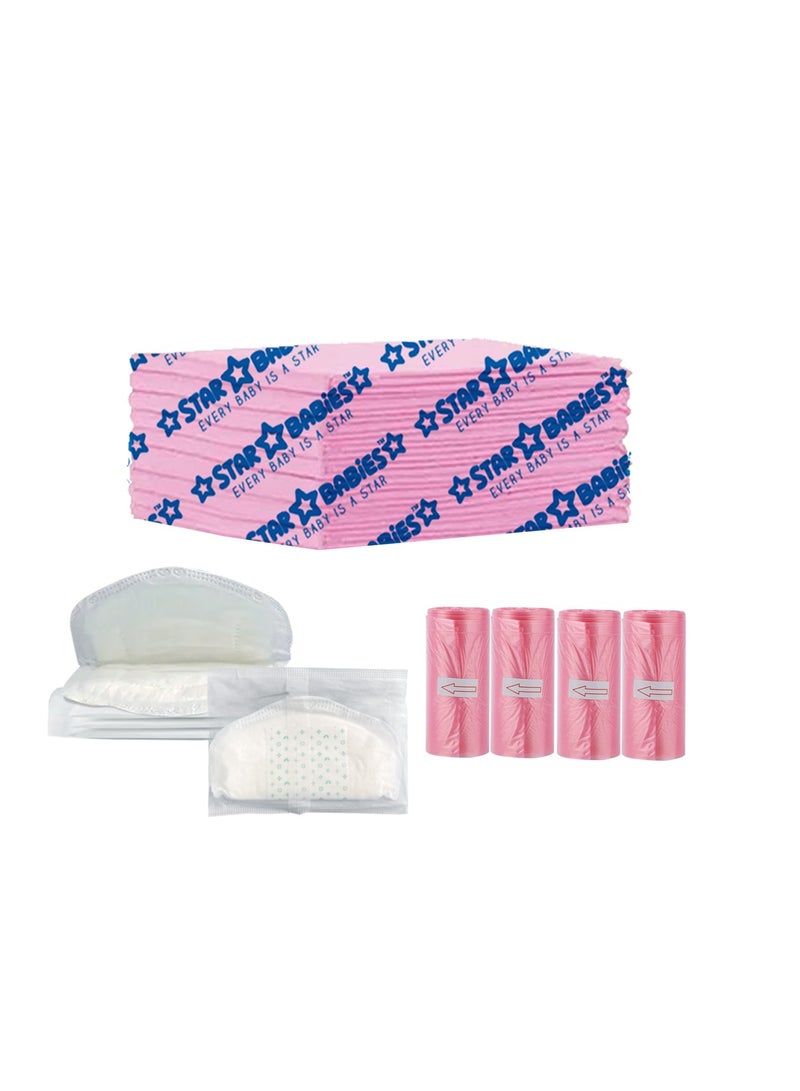 STAR BABiES Star Babies Combo Pack (Disposable Changing mat 10pcs, Scented Bag 4pcs (60bags) with  Disposable Breast Pad 5pcs) - Pink  - Image 1