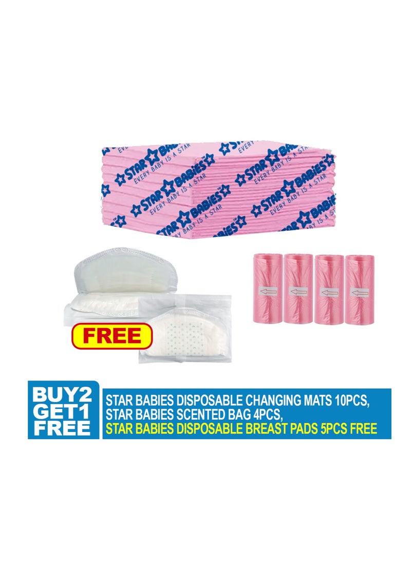 STAR BABiES Star Babies Combo Pack (Disposable Changing mat 10pcs, Scented Bag 4pcs (60bags) with  Disposable Breast Pad 5pcs) - Pink  - Image 2