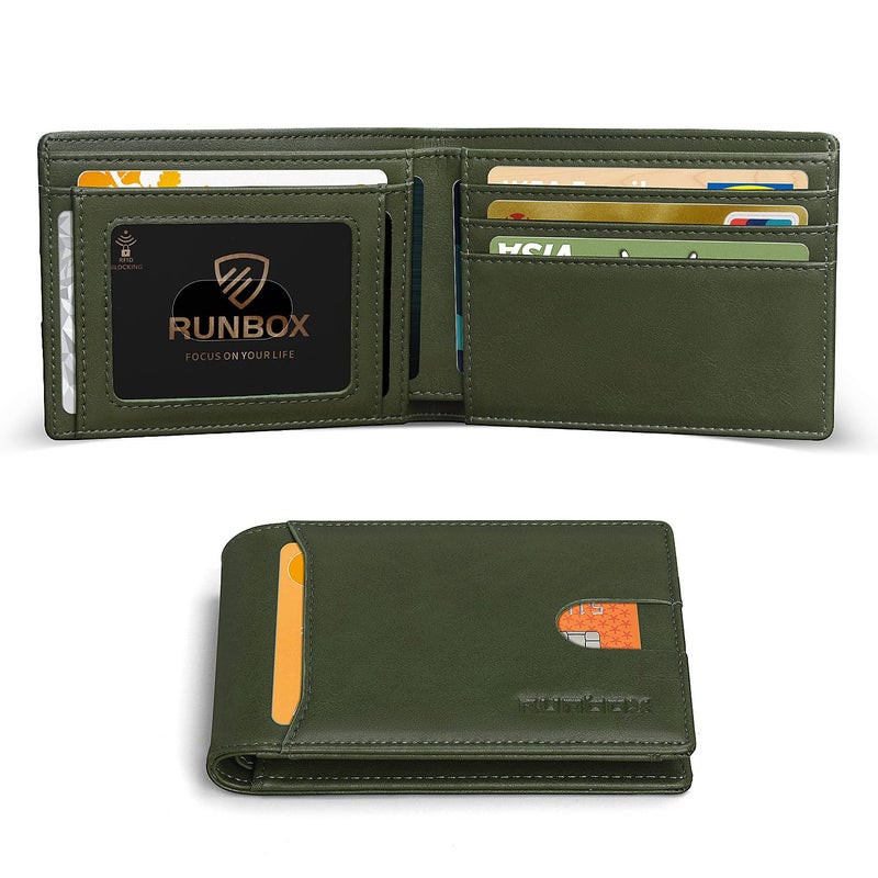 RUNBOX Slim Wallet for Men Minimalist Leather Bifold RFID Blocking with Gift Box Green - Image 1