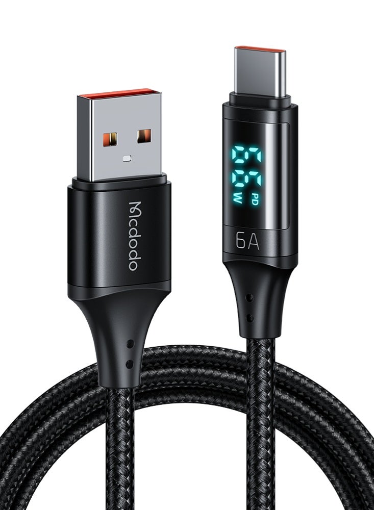 Mcdodo 6A Digital Display USB to USB-C Fast Charging Cable 1.2m – Type-C Charger Data Sync Cord for Android Phones, Samsung Galaxy, Power Bank, Tablet – Black - Image 1