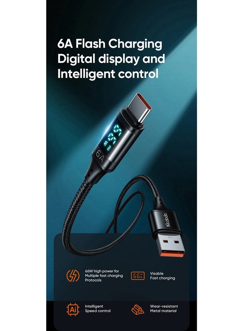 Mcdodo 6A Digital Display USB to USB-C Fast Charging Cable 1.2m – Type-C Charger Data Sync Cord for Android Phones, Samsung Galaxy, Power Bank, Tablet – Black - Image 5