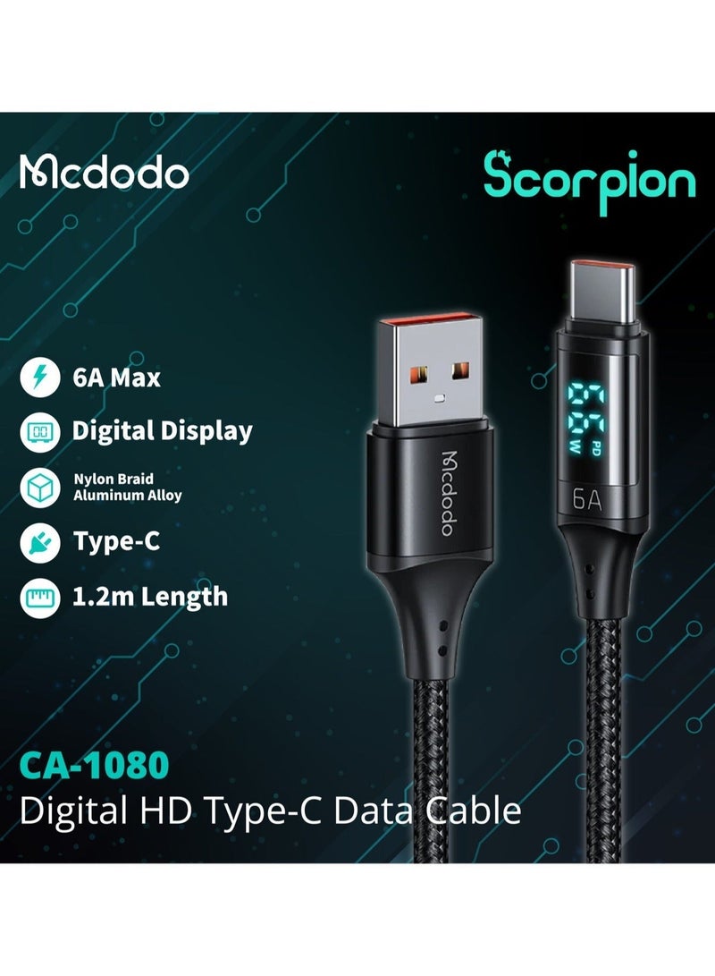 Mcdodo 6A Digital Display USB to USB-C Fast Charging Cable 1.2m – Type-C Charger Data Sync Cord for Android Phones, Samsung Galaxy, Power Bank, Tablet – Black - Image 4