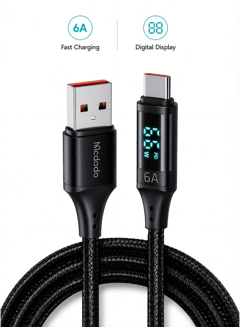 Mcdodo 6A Digital Display USB to USB-C Fast Charging Cable 1.2m – Type-C Charger Data Sync Cord for Android Phones, Samsung Galaxy, Power Bank, Tablet – Black - Image 1