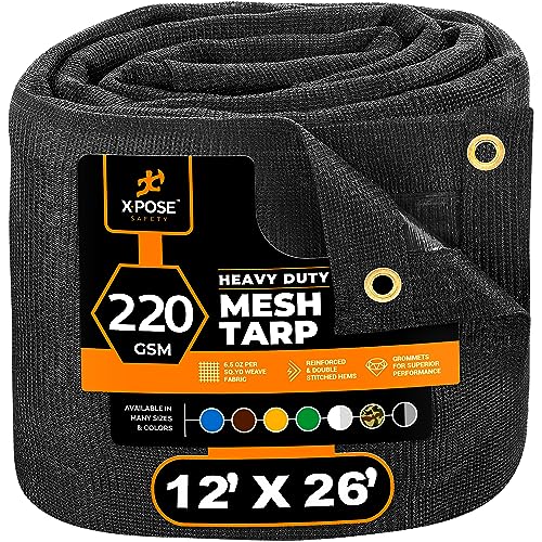 xpose safety Xpose Safety Heavy Duty Mesh Tarp  12 x 26 Multipurpose Black Protective Cover with Air Flow  Use for Tie Downs Shade Fences Canopies Dump Trucks  Tear Resistant 