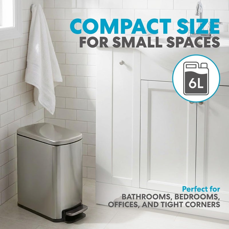Simpli-Magic 6L/1.6G Stainless Steel Bathroom Trash Can with Hands-Free Foot Pedal, Quiet Soft-Close Lid, Compact Space-Saving Size - Image 2