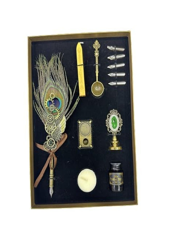 لو شي قلم حبر فاخر عتيق الطراز من لوشي، مزين بريشة ذهبية لامعة، للكتابة والخط العربي، مع 5 رؤوس كتابة وشمع ختم. - Image 2