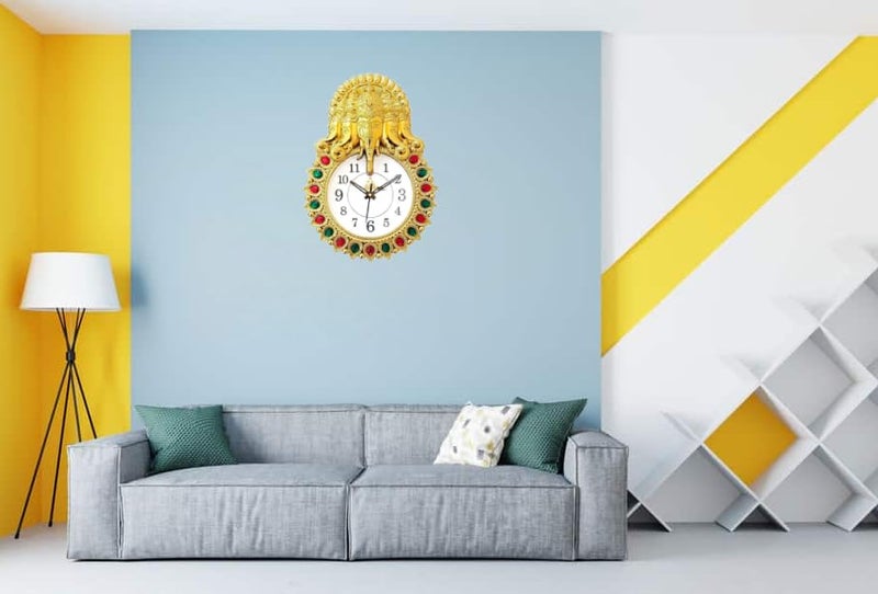 E - Ezra E Ezra Premium Plastic Designer Stones 5 Face Ganesha Wall Clock for Home and Office Decor Wall Clock for Living Room Wall Clock for Bedroom 35 Cm Gold - Image 4