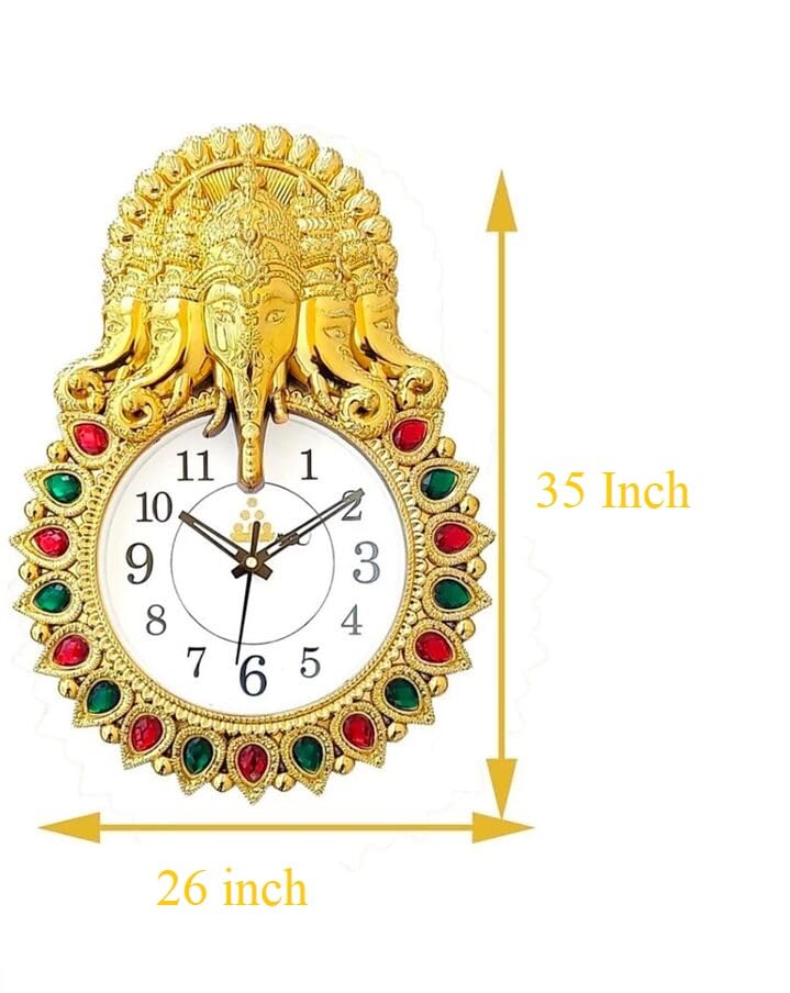 E - Ezra E Ezra Premium Plastic Designer Stones 5 Face Ganesha Wall Clock for Home and Office Decor Wall Clock for Living Room Wall Clock for Bedroom 35 Cm Gold - Image 5