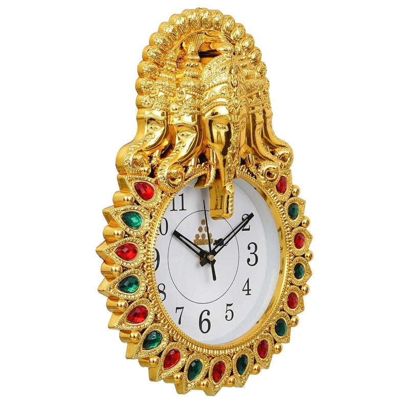 E - Ezra E Ezra Premium Plastic Designer Stones 5 Face Ganesha Wall Clock for Home and Office Decor Wall Clock for Living Room Wall Clock for Bedroom 35 Cm Gold - Image 2